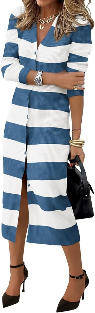 PRETTYGARDEN Women's Fall Sweater Dresses 2025 Long Sleeve V Neck Button Ribbed Knit Stripes Body... | Amazon (US)