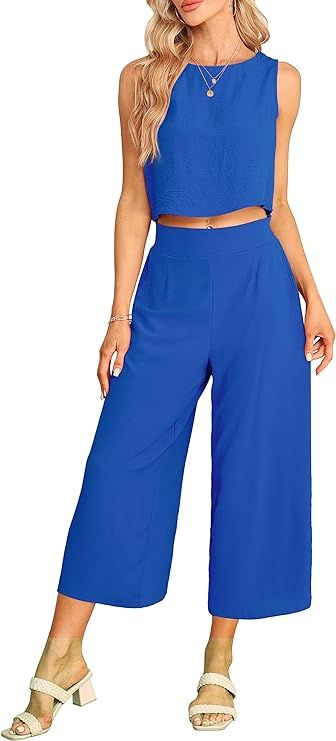 Sucolan Summer 2 piece outfits for women Round Neck Back with Buttons Sleeveless Tank Wide Leg Pa... | Amazon (US)