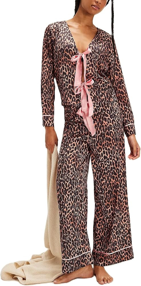 Womens Tie Front Pajamas Leopard Print Long Sleeve Crop Top Wide Leg Pants Y2k 2 Piece Lounge Mat... | Amazon (US)