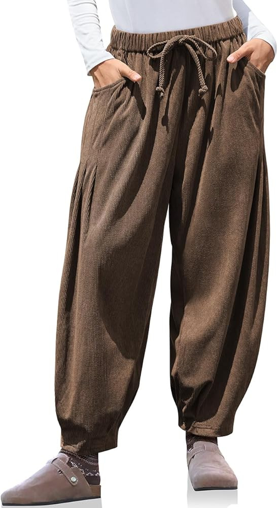 TARSE Womens Baggy Wide Leg Pants Corduroy Casual Drawstring Waist Palazzo Harem Pants with Pocke... | Amazon (US)