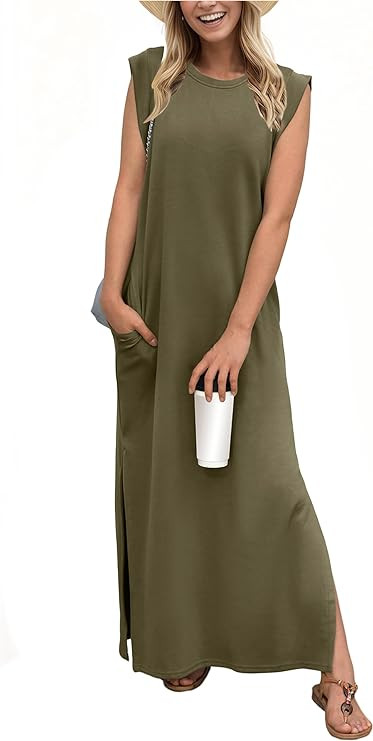 GRECERELLE 2026 Women Year-Round Casual Round Neck Loose Split Wrinkle-Free Long Maxi Vacation Dr... | Amazon (US)