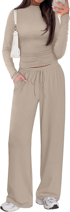 Sampeel Two Piece Lounge Set for Women 2 Piece Fall Outfits 2025 Mock Neck Ruched Tops Wide Leg P... | Amazon (US)