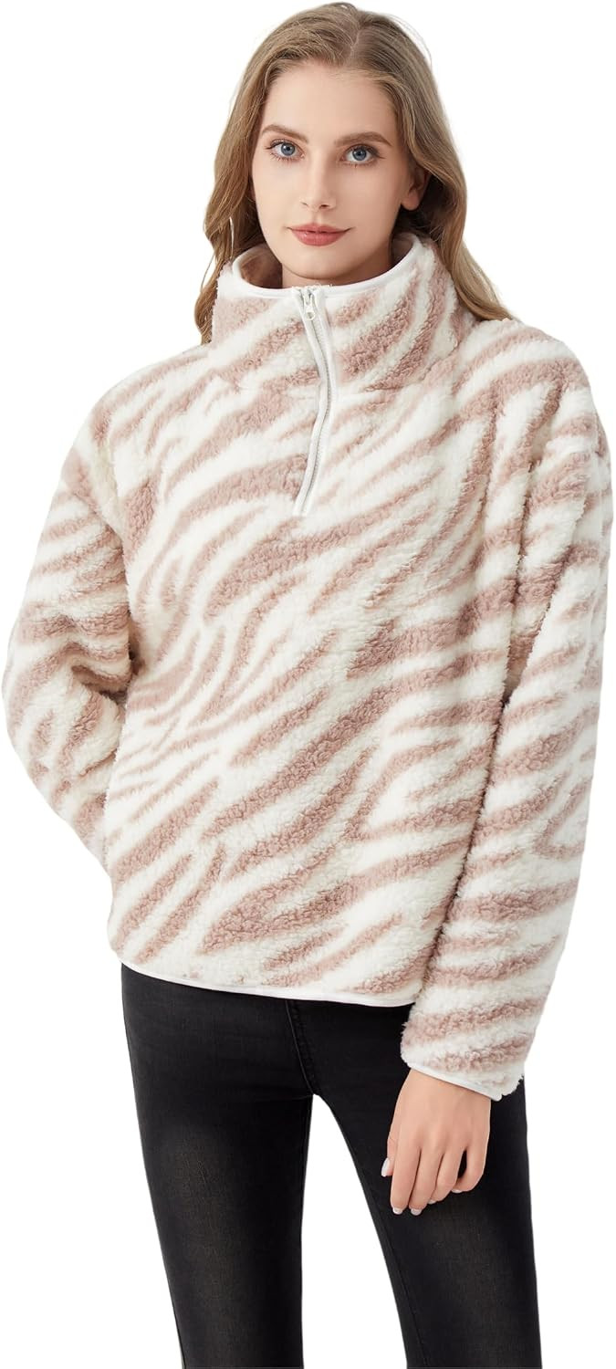 Fashion Women's Sherpa Pullover, Fleece Stand Collar Jacket with Animal Geometric Print, Cozy Outerwear | Amazon (US)
