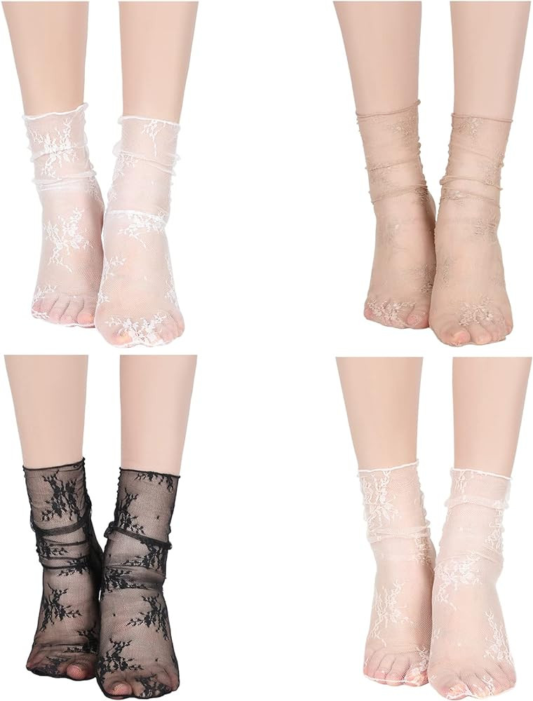Bencailor 4 Pairs Women Sheer Slouch Socks Lace Mesh Novelty Decorated Nylon Loose Ankle High | Amazon (US)