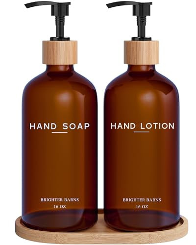 Amber Glass Soap and Lotion Dispenser Set with Tray by Brighter Barns - Hand Soap Dispenser Bathroom Set - Glass Bottles with Pump - Bamboo Home Accessories & Modern Bathroom Decor for Airbnb (Amber) | Amazon (US)