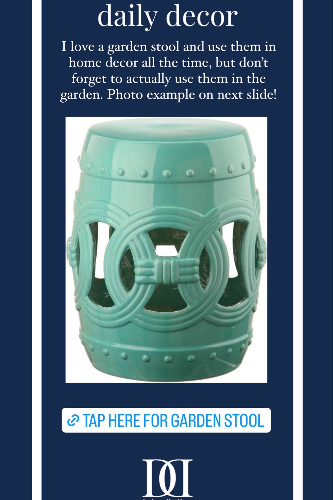 Love a garden stool as a little drinks table inside or out! Thinking I need the blue and white on my back deck to go with the decor! I have the white one in my office!