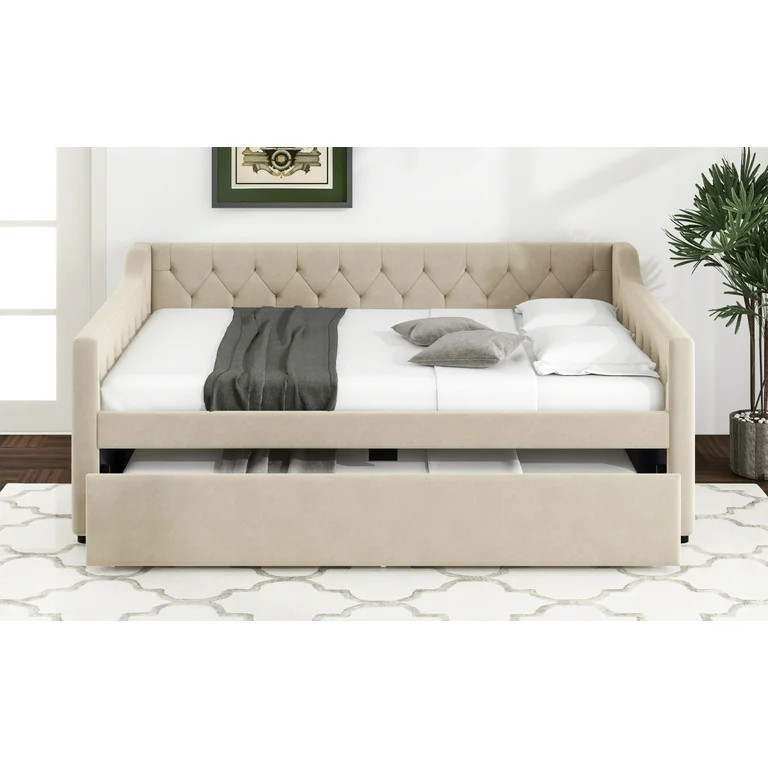 Full Size Upholstered Tufted Daybed with Twin Size Trundle& Button, Trundle with Smooth Wheels, E... | Walmart (US)