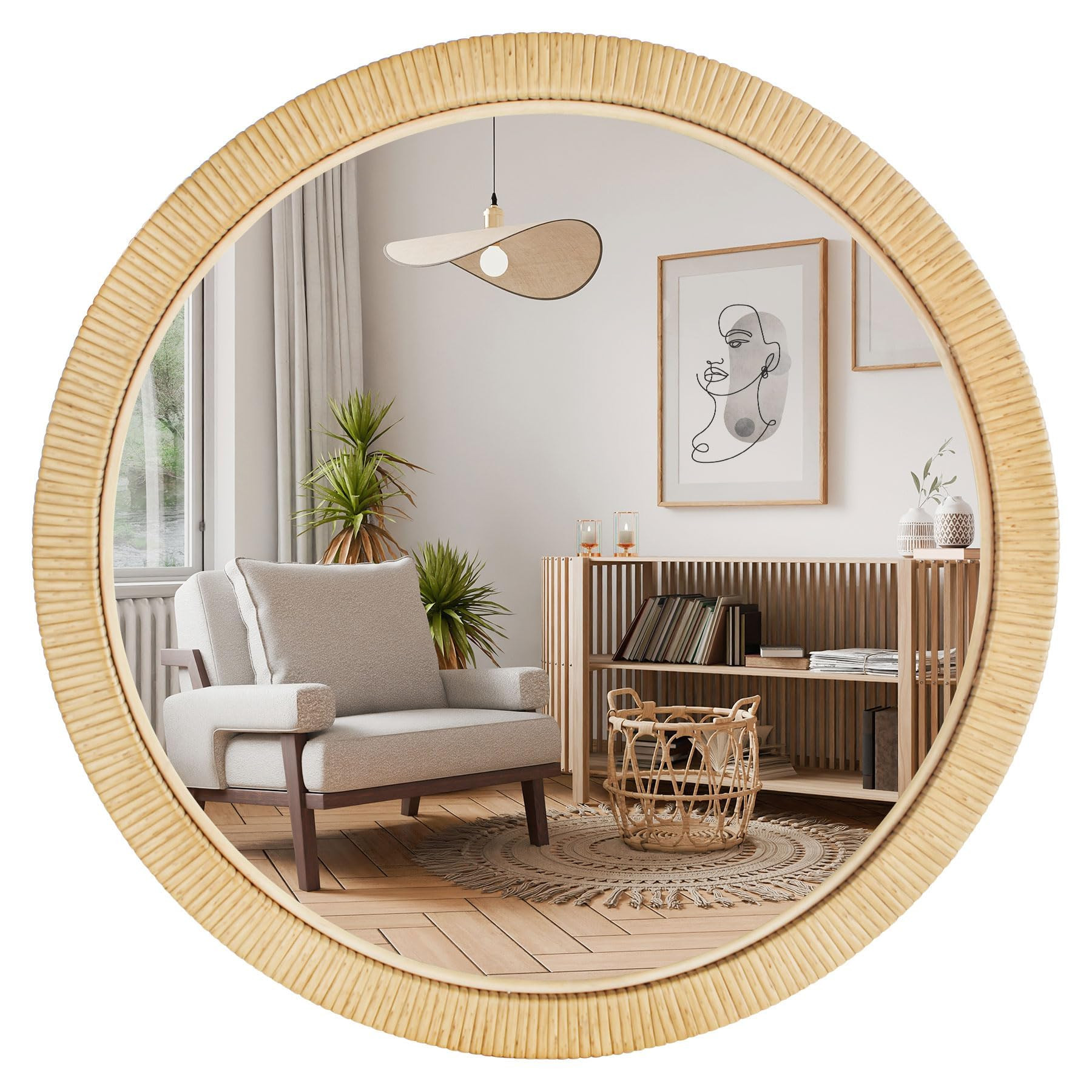 Boho Round Rattan Wall Mirror – 25.5" Handwoven Coastal Mirror with Natural Wicker Frame – Ru... | Amazon (US)