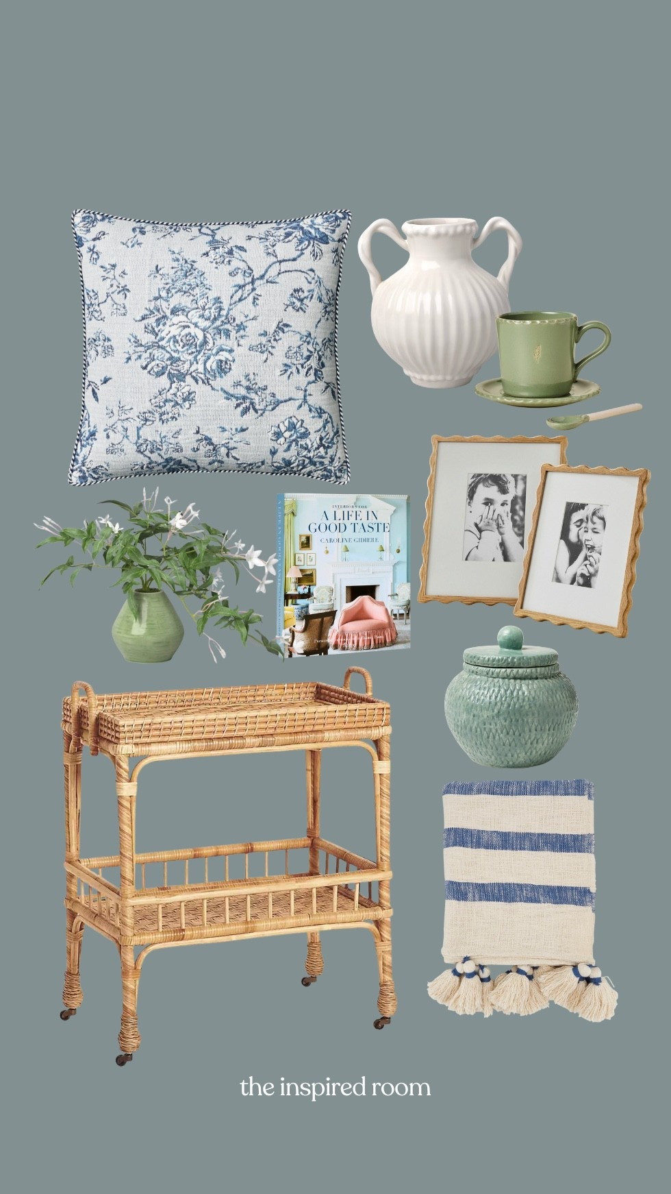 Spring decor finds - rattan cart, wood scalloped frame, blue striped tassel throw blanket, faux flowers, teacup and saucer, canister, vase, floral pillow 

#LTKHome #LTKSeasonal #LTKSaleAlert