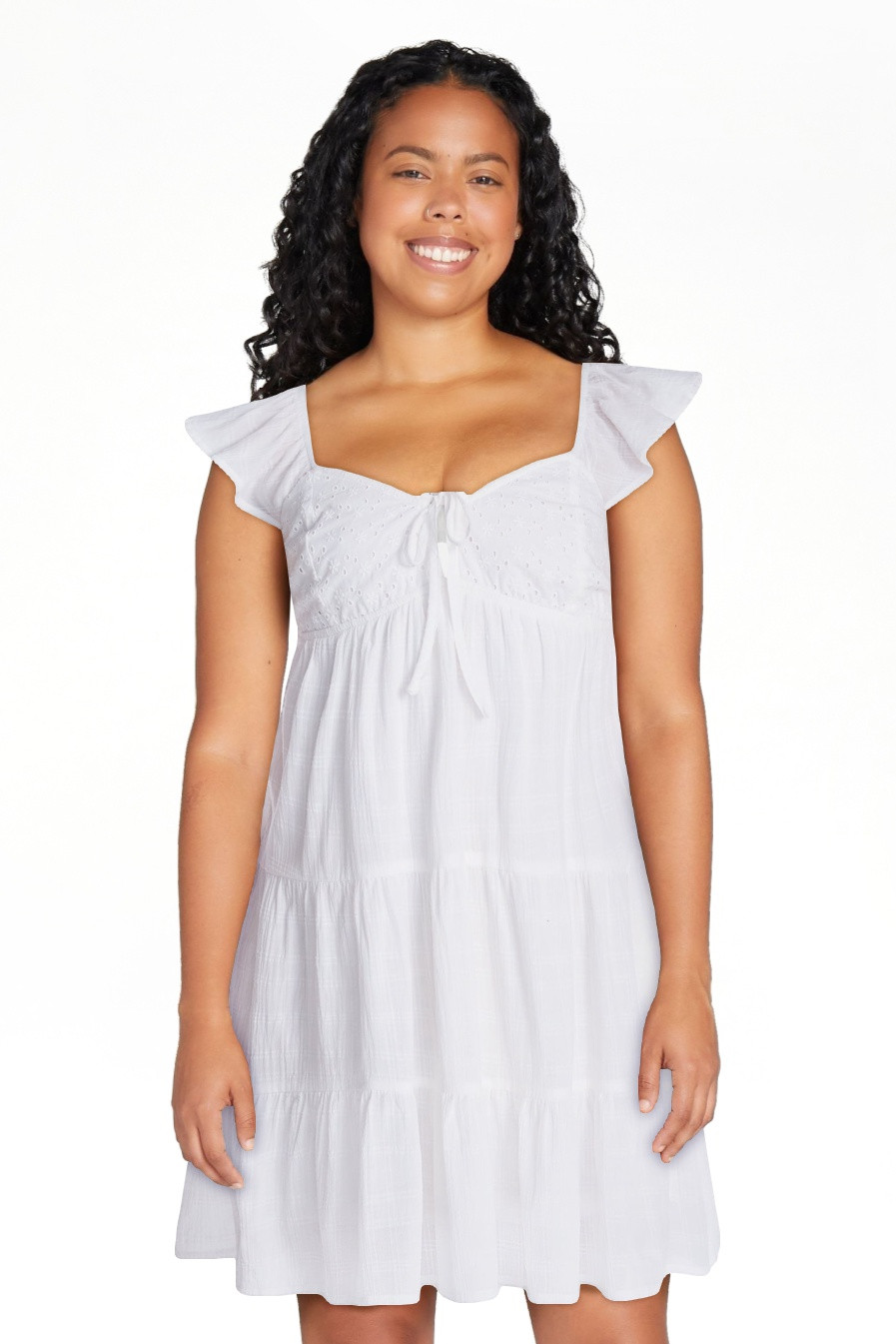 No Boundaries Tiered Cotton Dress with Flutter Sleeves, Women’s XXS-XXL | Walmart (US)