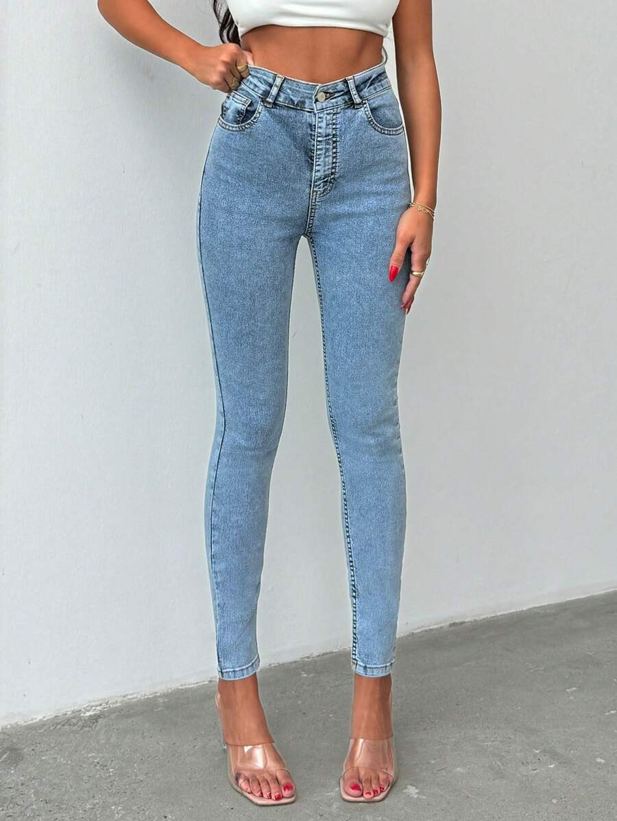 SHEIN PETITE 98% CottonWomen's Pocketed Skinny Casual Jeans | SHEIN
