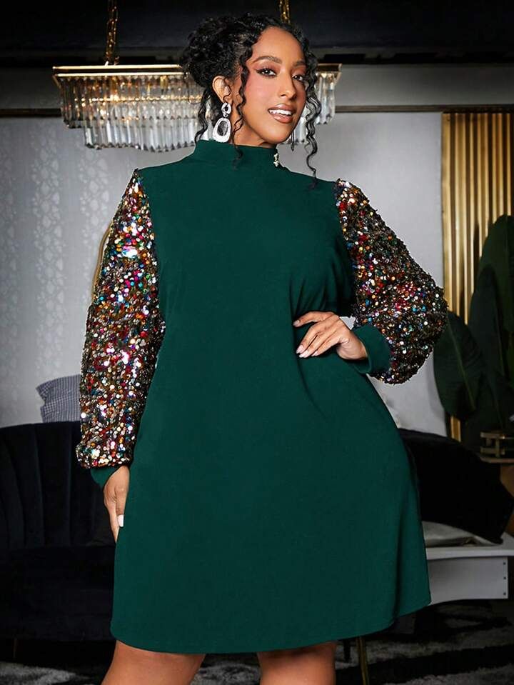 SHEIN CURVE+ Plus Size Women's Stand Collar Sparkling Glitter Lantern Sleeve Dress | SHEIN