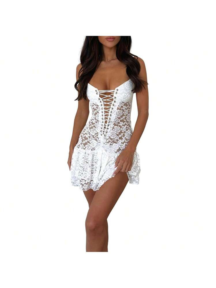 Women Sexy Low Cut Mini Dress Lace Floral Spaghetti Strap Backless Lace Up Bodycon Short Dress Co... | SHEIN