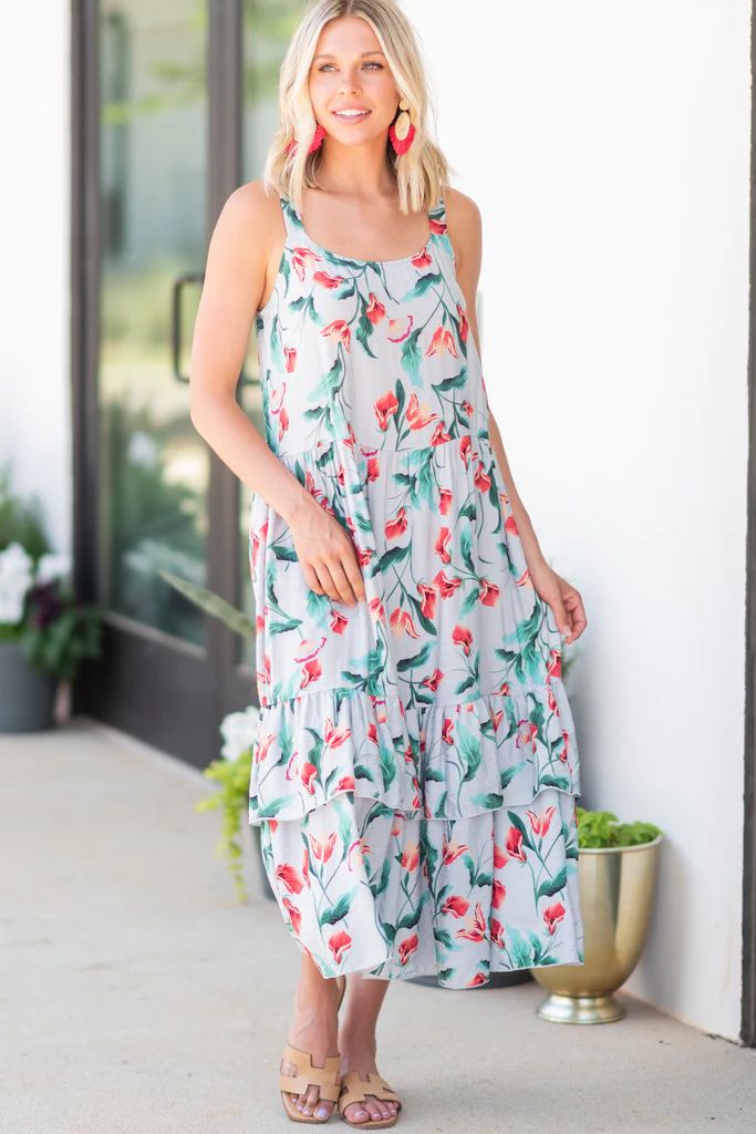 Thinking Of You Gray Ditsy Floral Midi Dress | The Mint Julep Boutique