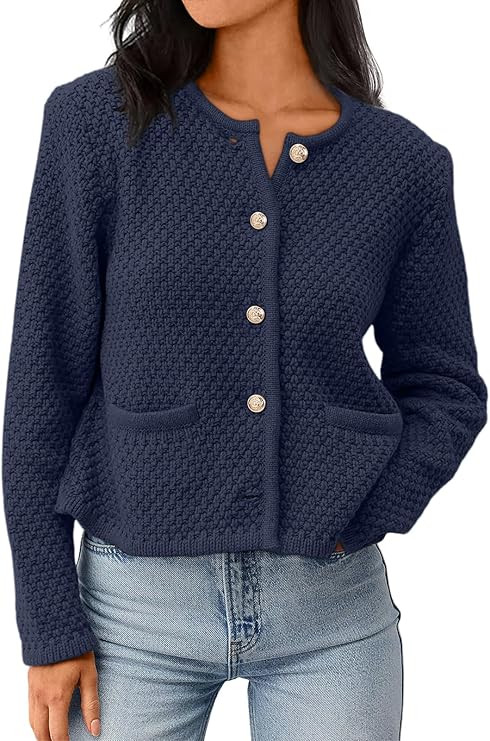 LILLUSORY Womens Crew Neck Buttons Cardigan Sweaters Dressy Casual Lightweight Jacket with Patch ... | Amazon (US)