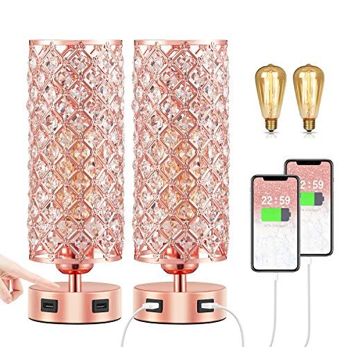 Touch USB Crystal Rose Gold Lamp Set of 2, 3-Way Touch Crystal Lamps with Dual USB Ports, Dimmable N | Amazon (US)