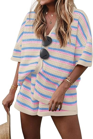 Ekouaer Lounge Sets for Women Crochet Striped 2 Piece Short Sets Short Sleeve Outfits Matching Se... | Amazon (US)