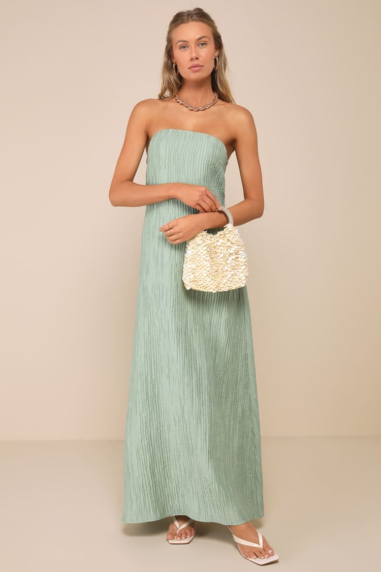 Radiant Season Sage Green Plisse Cutout Strapless Maxi Dress | Lulus