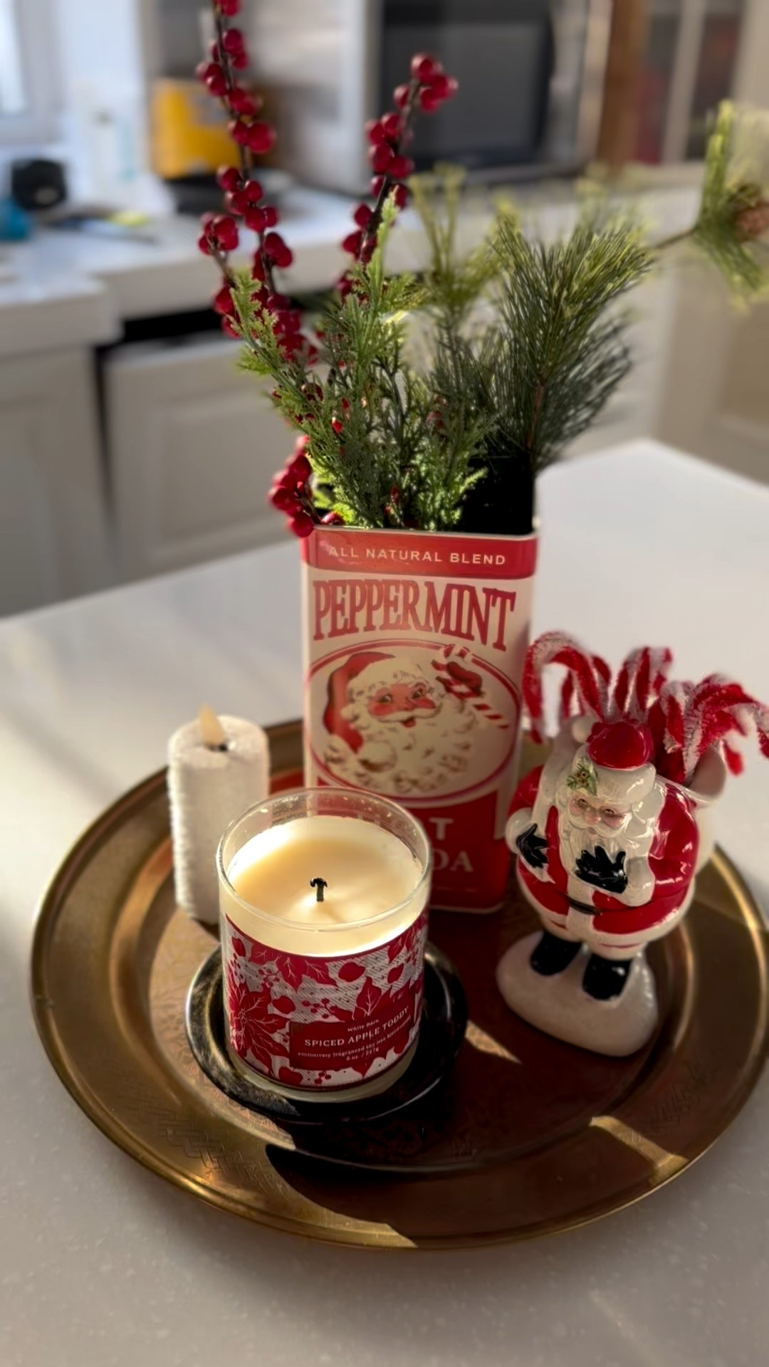 Christmas kitchen decor, Christmas tray idea, vintage Santa figurine, Christmas candle, antique gold tray

#LTKHoliday #LTKFindsUnder50 #LTKHome