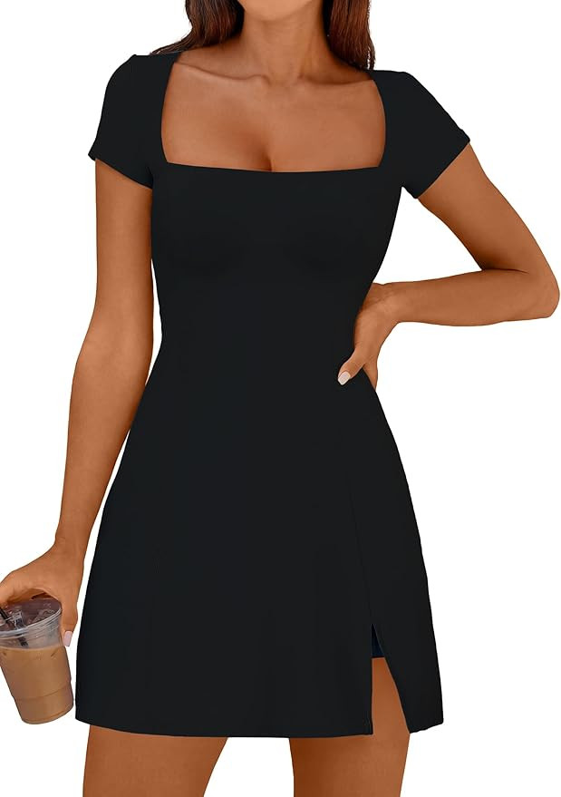 Caracilia Womens Summer Tennis Dress Built in Shorts Square Neck Short Sleeve Vacation Golf Athle... | Amazon (US)