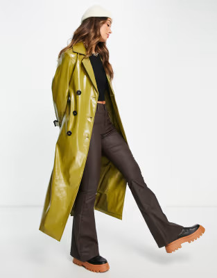 NA-KD vinyl trench coat in olive | ASOS (Global)