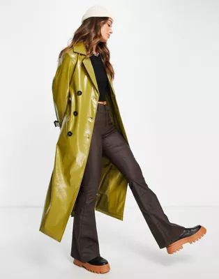 NA-KD vinyl trench coat in olive | ASOS (Global)