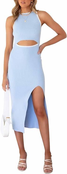 Pink Queen Women's Crew Neck Sleeveless Cutout Side Slit Knee Length Bodycon Midi Dress | Amazon (US)