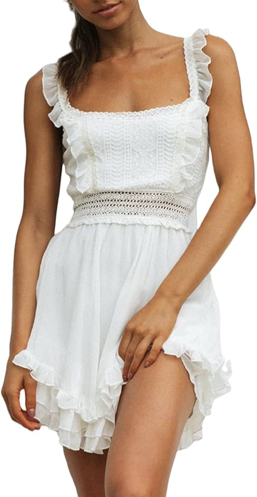 Glamaker Women’s Summer Lace V Neck Short Dress Spaghetti Strap Backless Mini Skater Dress | Amazon (US)