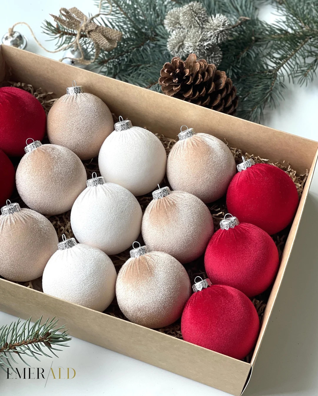 CHRISTMAS ORNAMENTS MIX Christmas Red, Beige, Vanilla 15 Units Set Handmade Velvet Balls, Home Tr... | Etsy (US)
