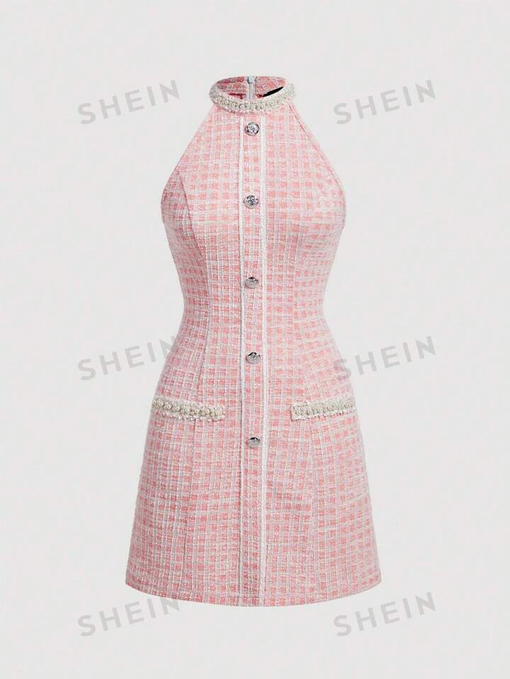 SHEIN MOD Plaid Button Decorated Halter Neck Dress | SHEIN USA | SHEIN