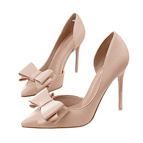 Womens Bow Heels Closed Pointed Toe Dress Shoes Stiletto Slip on Wedding Pumps Nude | Amazon (US)
