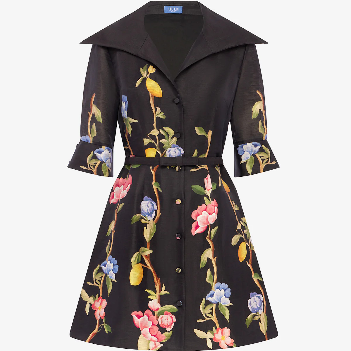 Genevieve Sleeve Mini Dress - Lemon Vine Print in Ebony | LEO LIN US