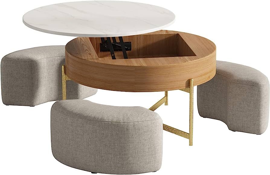 MGH Round Coffee Table with Storage,Lift-Top Wood Coffee Table Lifts up with Stools for Living Ro... | Amazon (US)