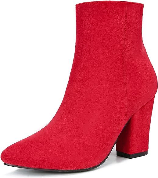 Jiu du Women's Chunky Block High Heel Ankle Boots Pointed Toe Booties Side Zipper High Heels Shor... | Amazon (US)