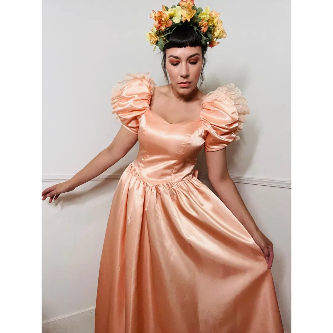 Medium 1980s Vintage Peach Satin Party Dress - Etsy | Etsy (US)
