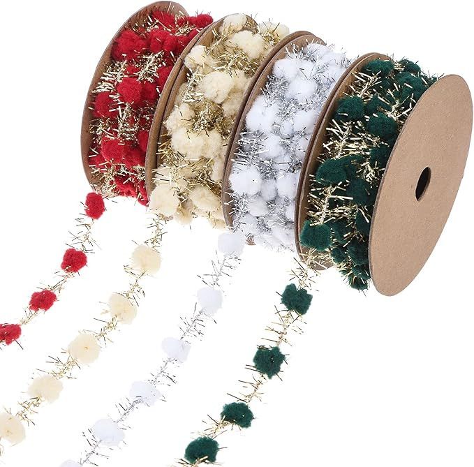 Uoeo 4 Rolls Christmas Tinsel Pom Pom Ribbon Tinsel Wire Garland Metallic Wired DIY Craft Packing... | Amazon (US)