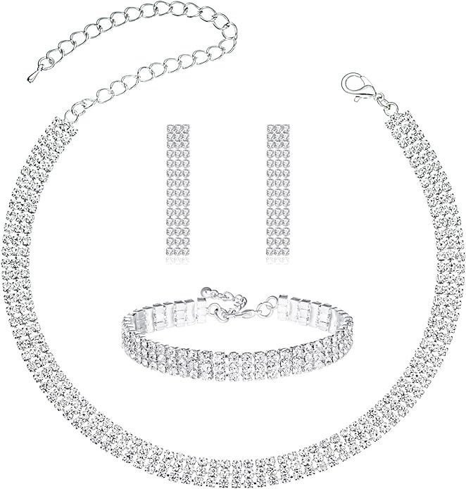 Women's Jewelry Set Rhinestone Crystal Bride Statement Choker Necklace Tiara Crown Link Bangle Br... | Amazon (US)