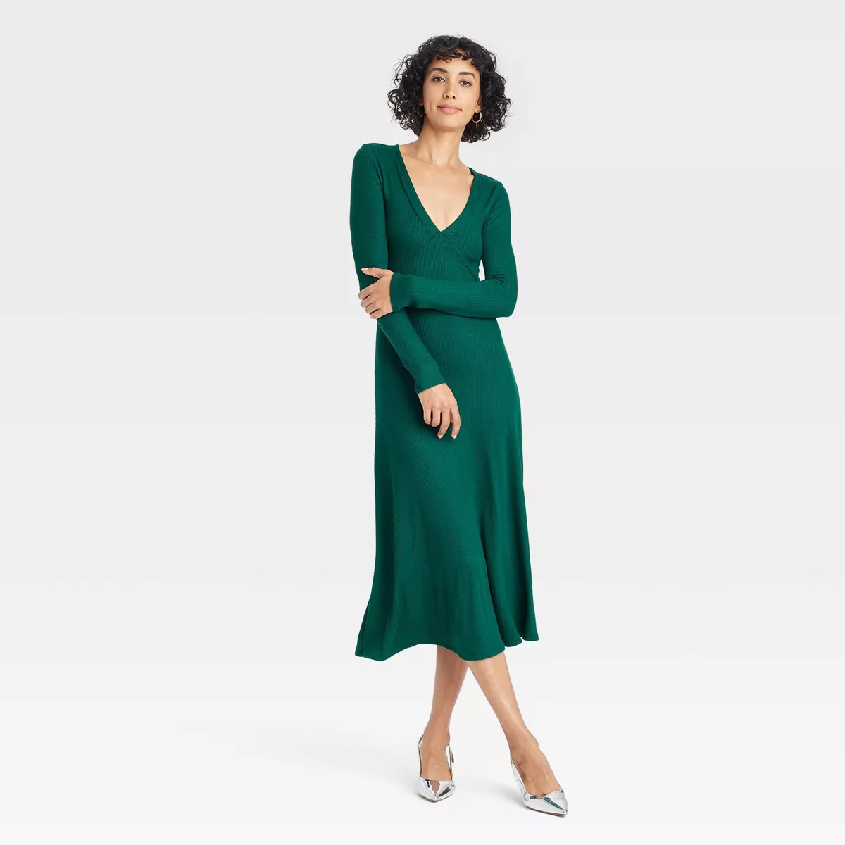 Women's Long Sleeve Midi A-Line Dress - A New Day™ Green XS | Target