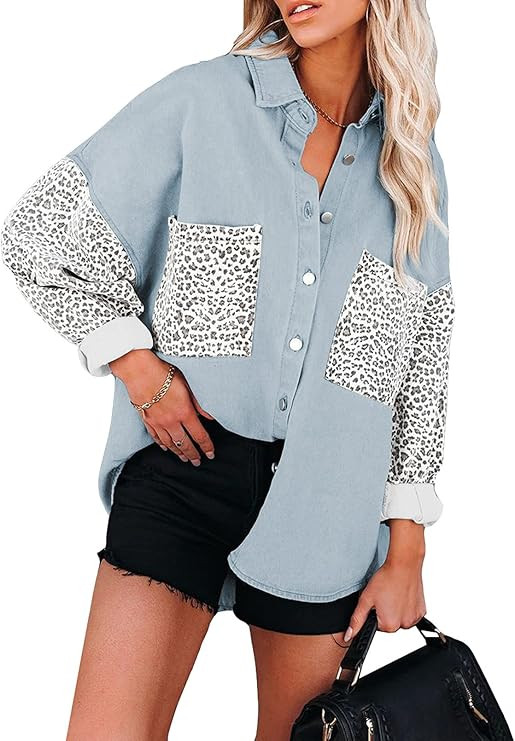 Happy Sailed Womens Leopard Contrast Denim Jackets Oversized Long Sleeve Button Down Jean Shacket... | Amazon (US)