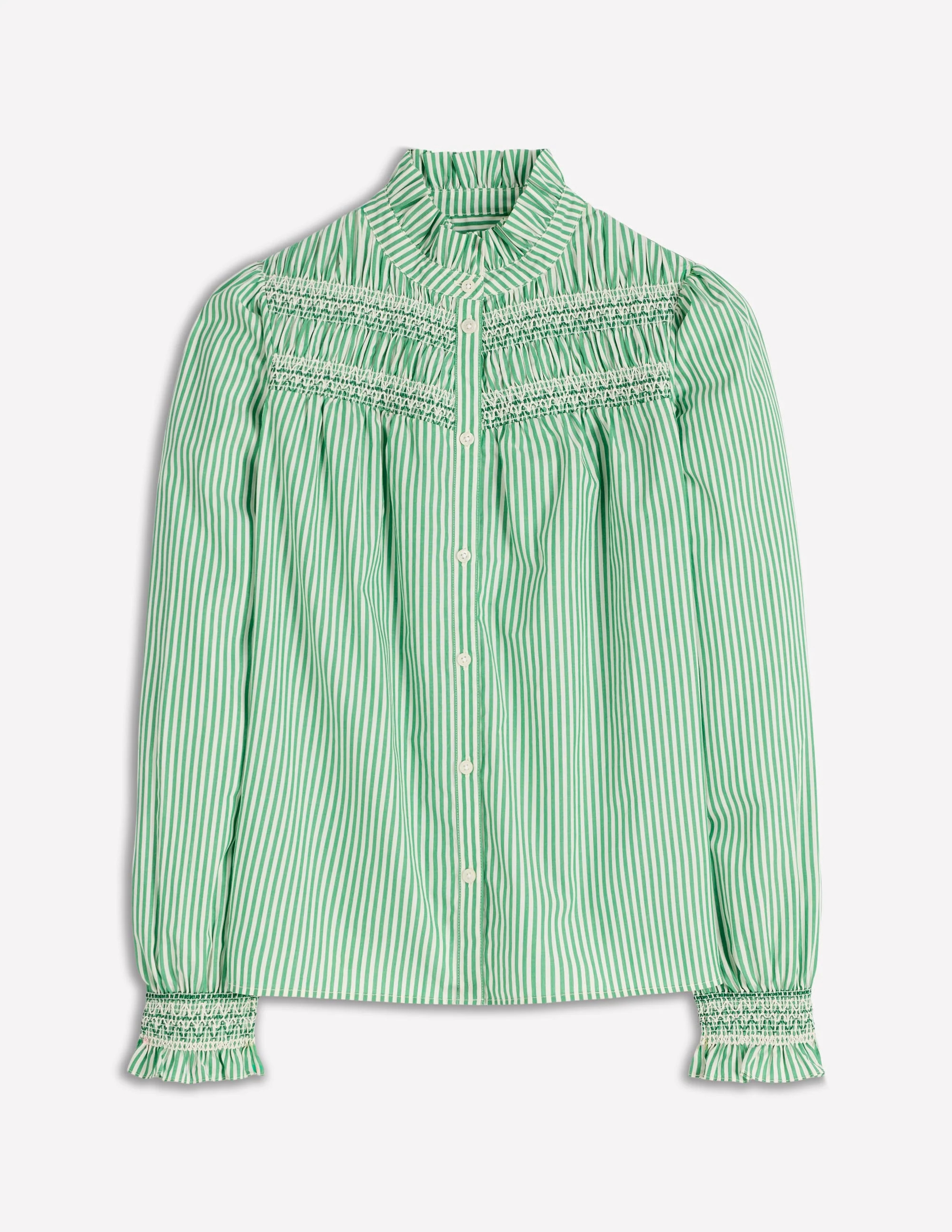 Esme Smocked Detail Frill Top-Highland Green, Ivory Stripe | Boden (US)