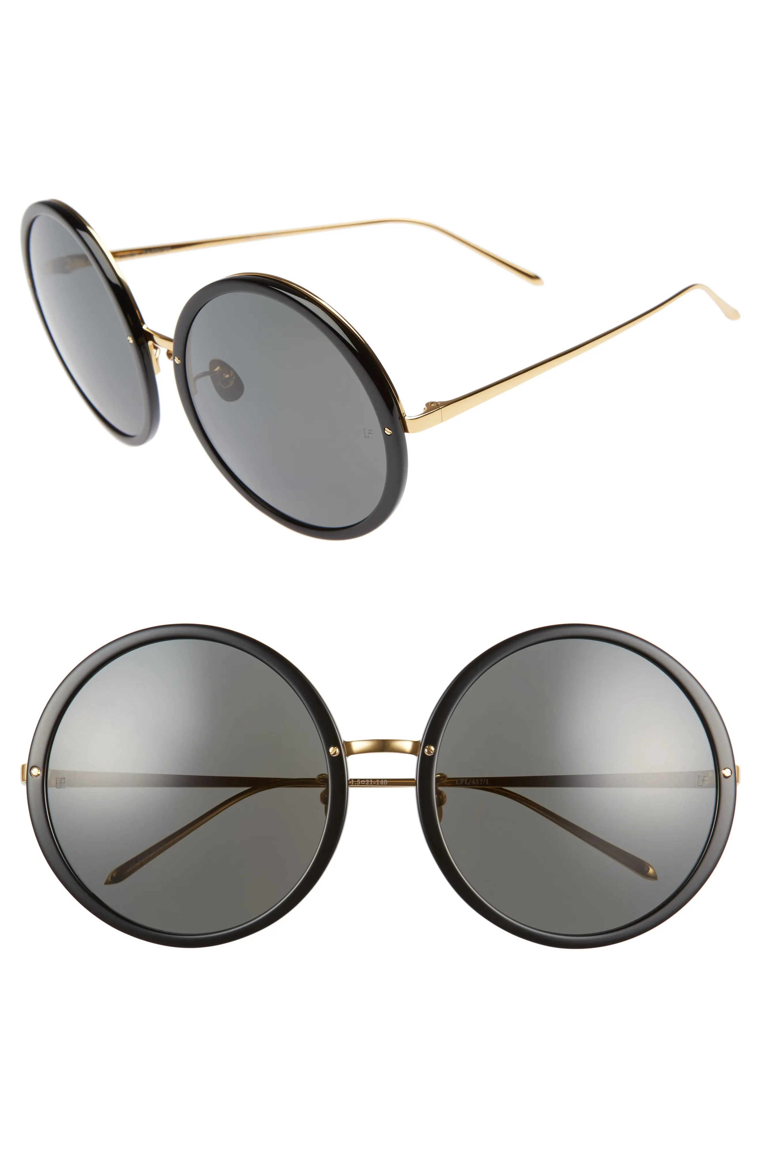Women's Linda Farrow 61Mm Round 18 Karat Gold Trim Sunglasses - Black/ Yellow Gold/ Grey | Nordstrom