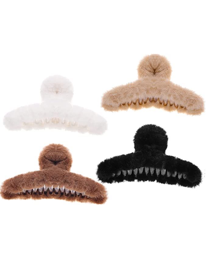 Tinblin 4pcs Faux Fur Hair Clips for Winter, 4.9 Inches Large Fuzzy Claw Clip for Thick Thin Hair... | Amazon (US)