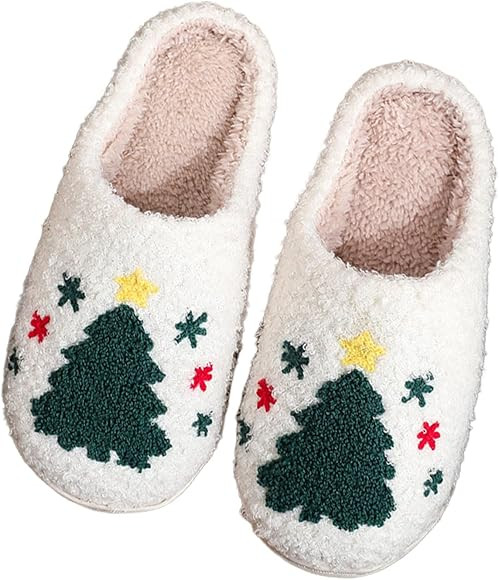 Christmas Women Slippers Christmas Tree Cute Retro Soft Plush Warm Slip-on Slippers Anti-Skid War... | Amazon (US)