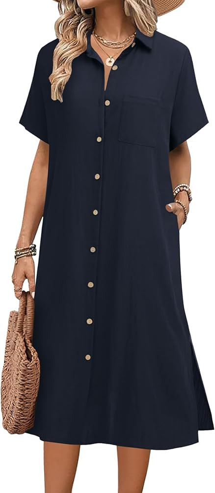 HOTOUCH Womens Dress Summer Casual Midi Short Sleeve Button Down Shirt Dresses Loose Beach Cover ... | Amazon (US)