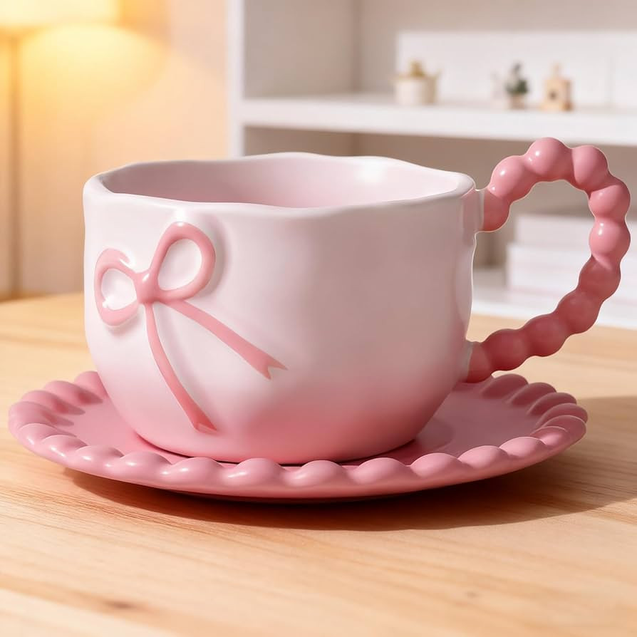 Disoza Bow Coffee Mug Pink Coquette Coffee Mugs Set with Saucer 12 OZ Porcelain Tea Cup Bow Cute ... | Amazon (US)