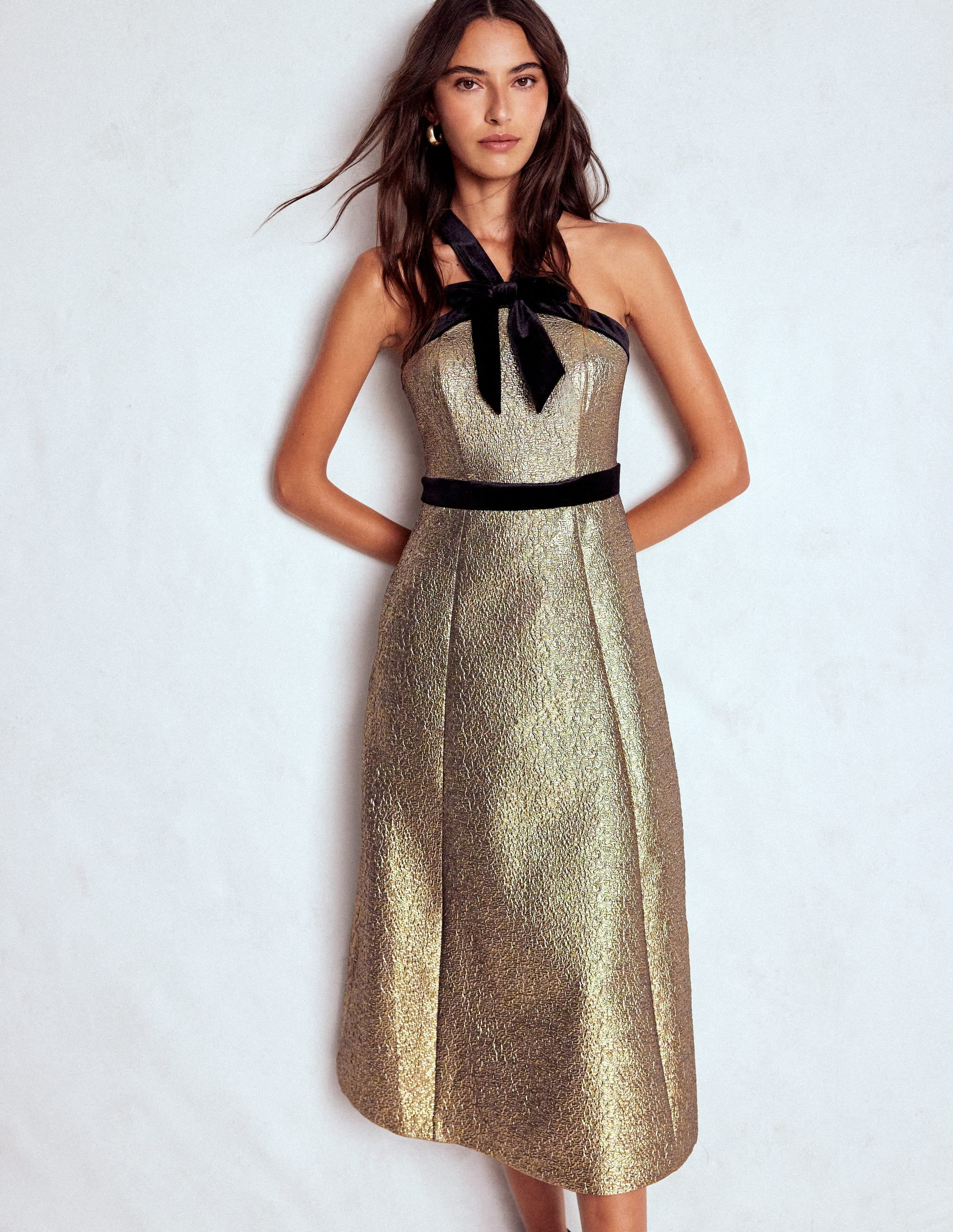 Halter Fit & Flare Gold Dress-Gold | Boden (US)