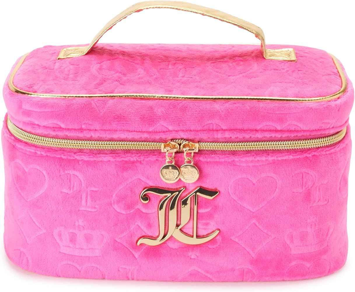 Juicy Couture Hot Pink Makeup Bag Cosmetics Organizer Travel Essentials Train Case Velour Heart C... | Amazon (US)