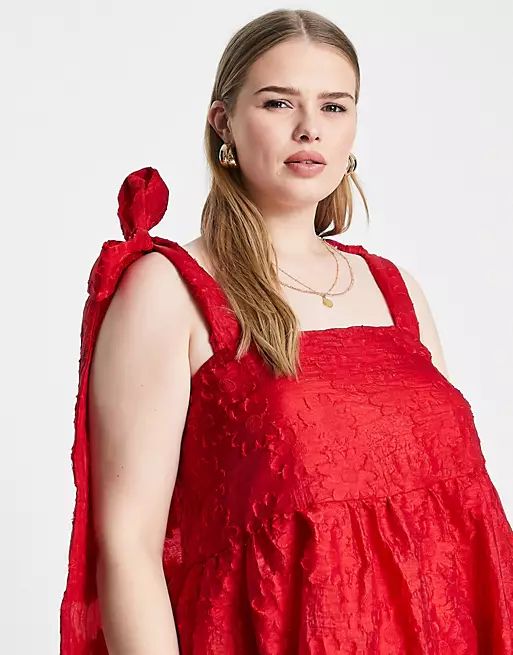 Sister Jane Plus tiered maxi dress in red jacquard with bow straps | ASOS (Global)