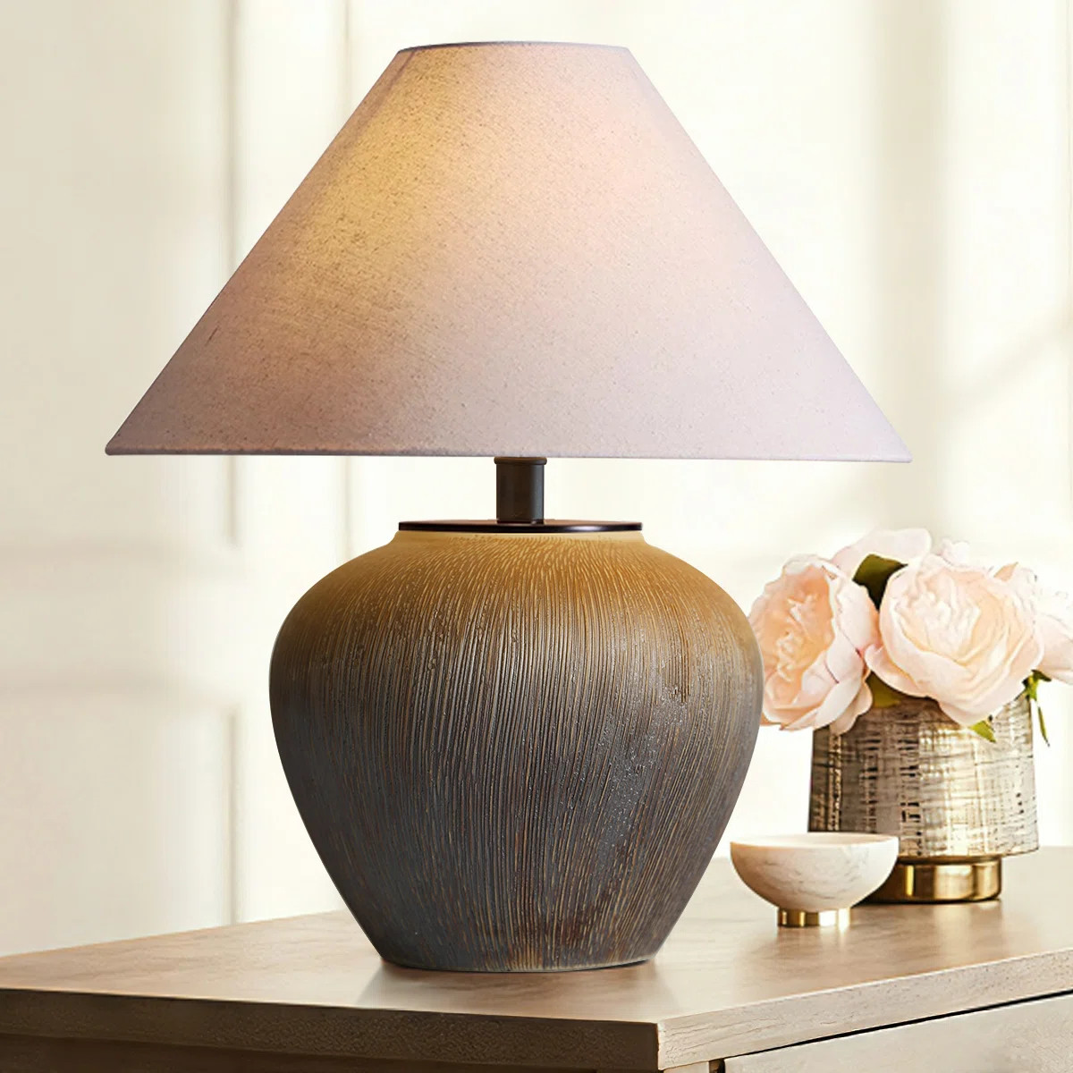 Iftikar Rustic Earthenware Table Lamp With Vertical Texture, Linen Shade & Bulb Included — Mode... | Wayfair North America