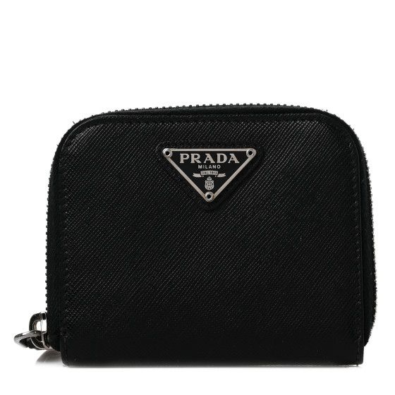 PRADA Saffiano Triangle Compact Zip Around Wallet Black | FASHIONPHILE (US)